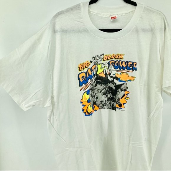 VINTAGE NWOT 1989 Single Stitch White Graphic BIG BLOCK RAT POWER T-shirt - Picture 3 of 7